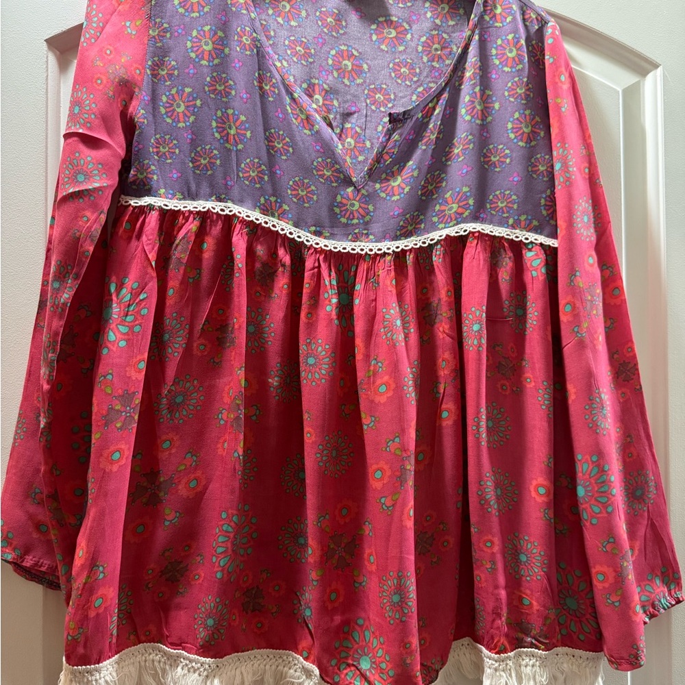 NATURAL LIFE Pink and Purple Floral Peasant Top with Lace Trim
